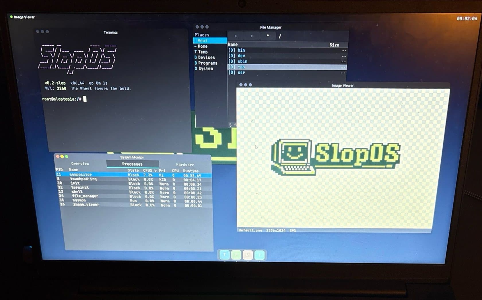 The SlopOS desktop running on a Lenovo laptop, showing the terminal, file manager, system monitor and image viewer